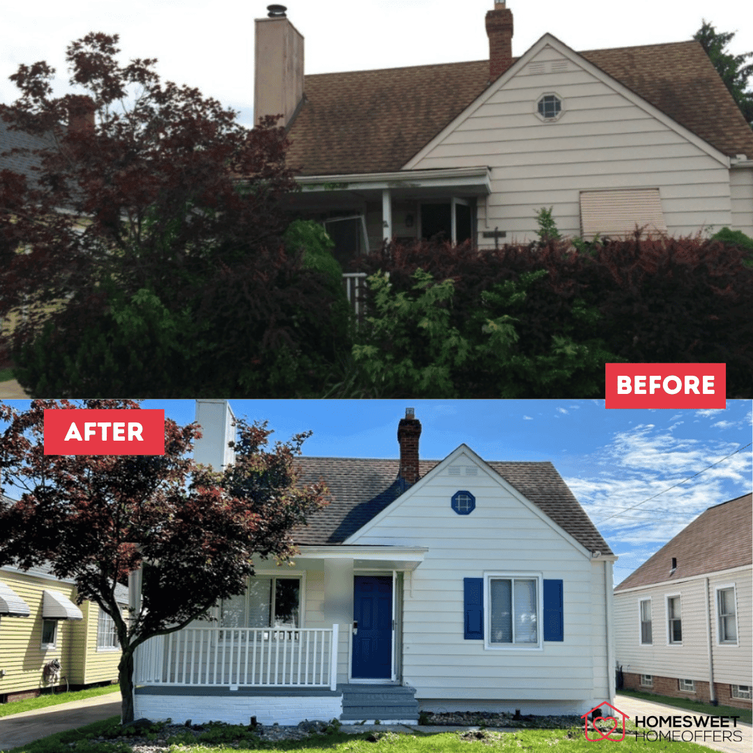 Exterior before and after images from the Garfield Heights project