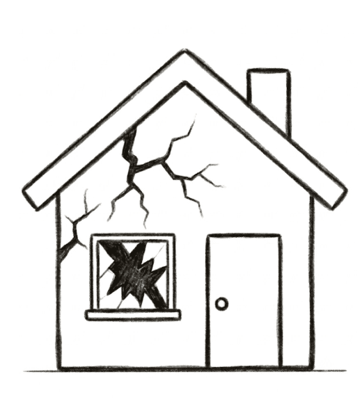 Sketch illustration of a house needing major repairs