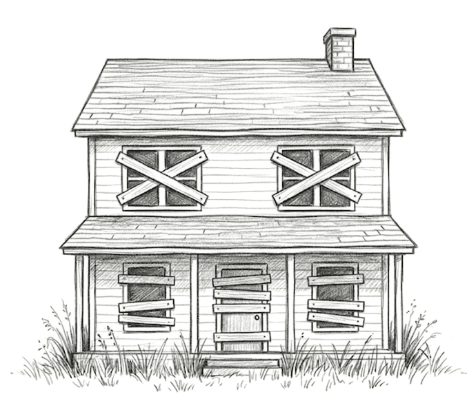 Vacant boarded-up house illustration
